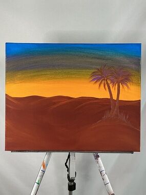 Abstract Landscape Painting Sunny Beach Palms Red Blue Yellow 20”X16” Canvas